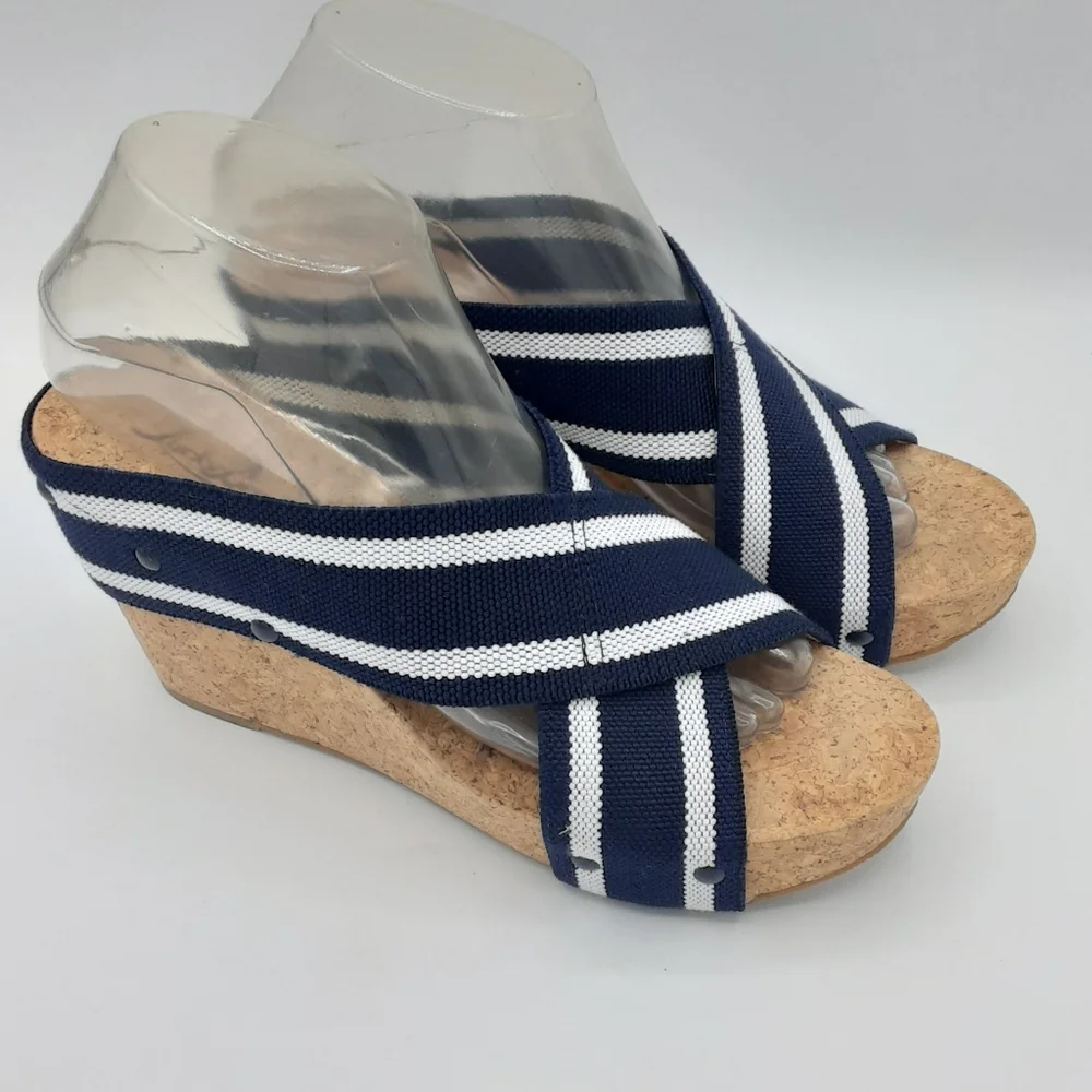 Lucky Brand Miller2 Navy Striped Cork Wedge Sandals